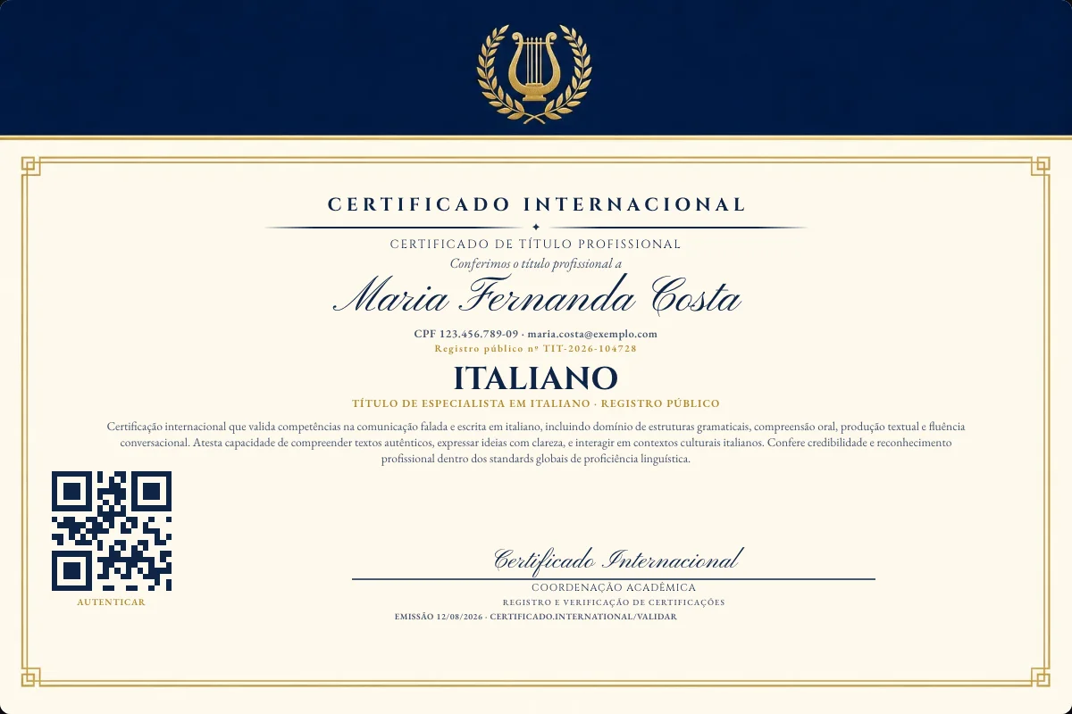 Certificado de Título profissional de Italiano — modelo real com registro público. Documento de exemplo.