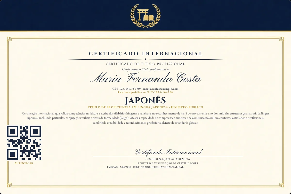 Certificado de Título profissional de Japonês — modelo real com registro público. Documento de exemplo.