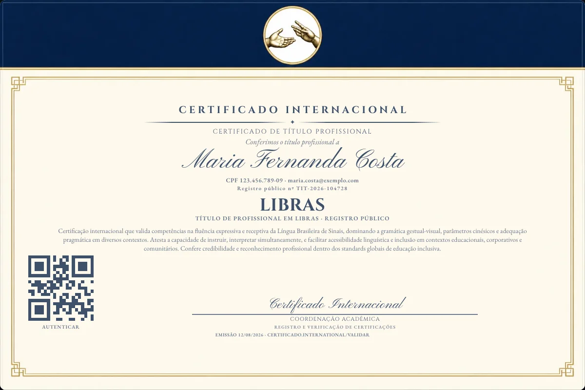 Certificado de Título profissional de Libras — modelo real com registro público. Documento de exemplo.