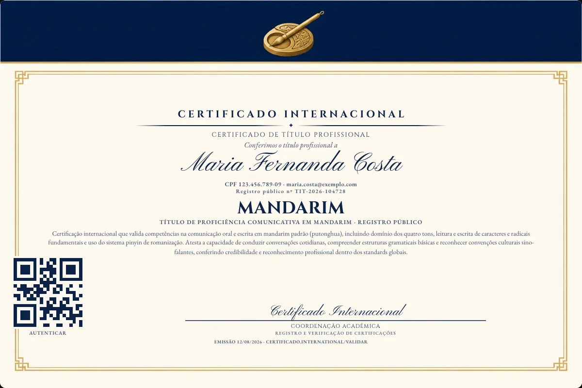 Certificado de Título profissional de Mandarim — modelo real com registro público. Documento de exemplo.