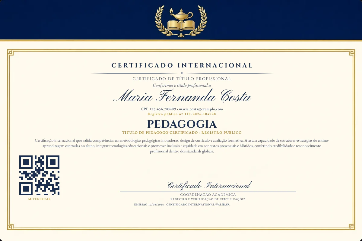Certificado de Título profissional de Pedagogia — modelo real com registro público. Documento de exemplo.