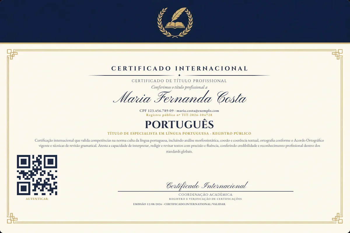 Certificado de Título profissional de Português — modelo real com registro público. Documento de exemplo.