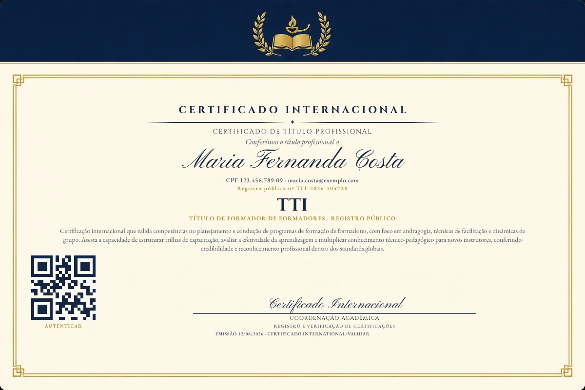 Certificado de Título profissional de Tti — modelo real com registro público. Documento de exemplo.