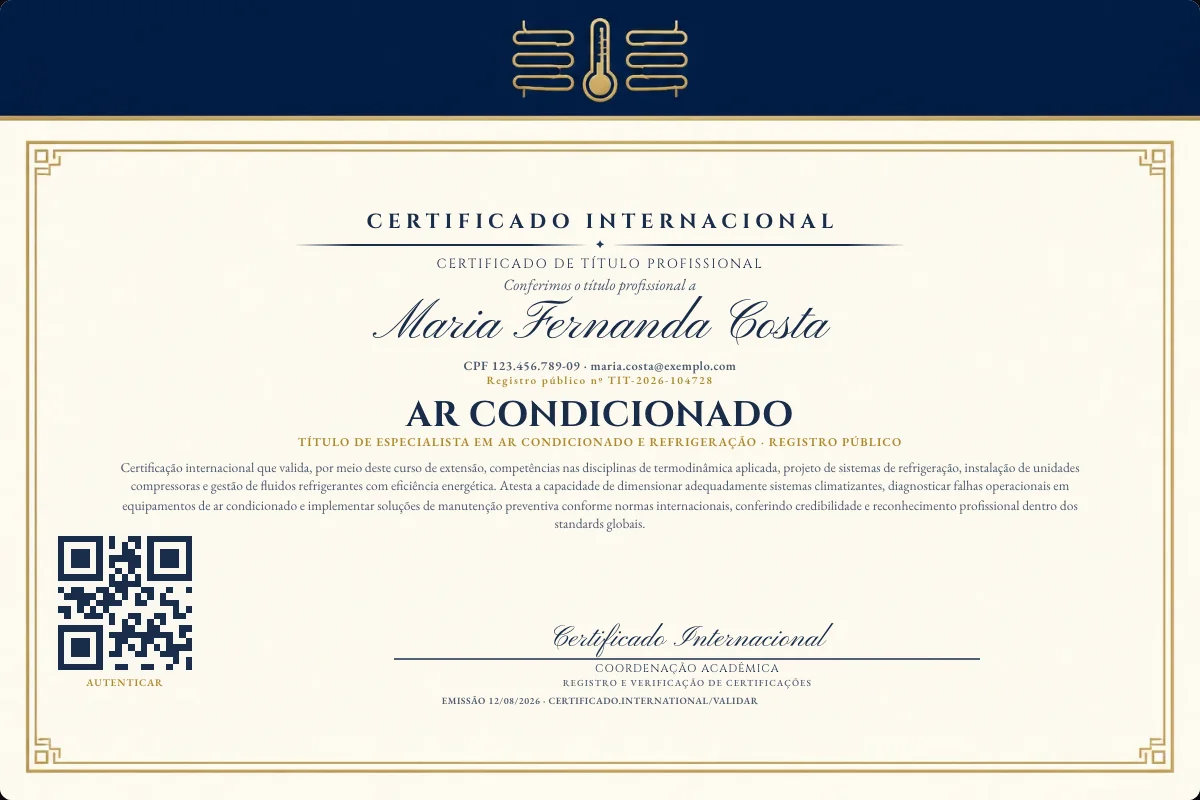 Certificado de Título profissional de Ar Condicionado — modelo real com registro público. Documento de exemplo.