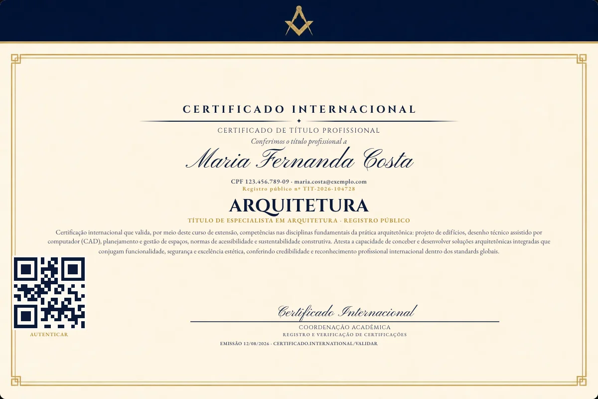 Certificado de Título profissional de Arquitetura — modelo real com registro público. Documento de exemplo.