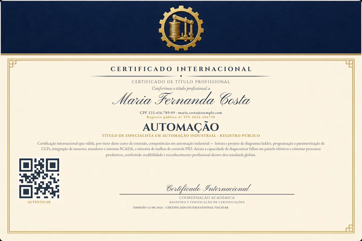 Certificado de Título profissional de Automação — modelo real com registro público. Documento de exemplo.