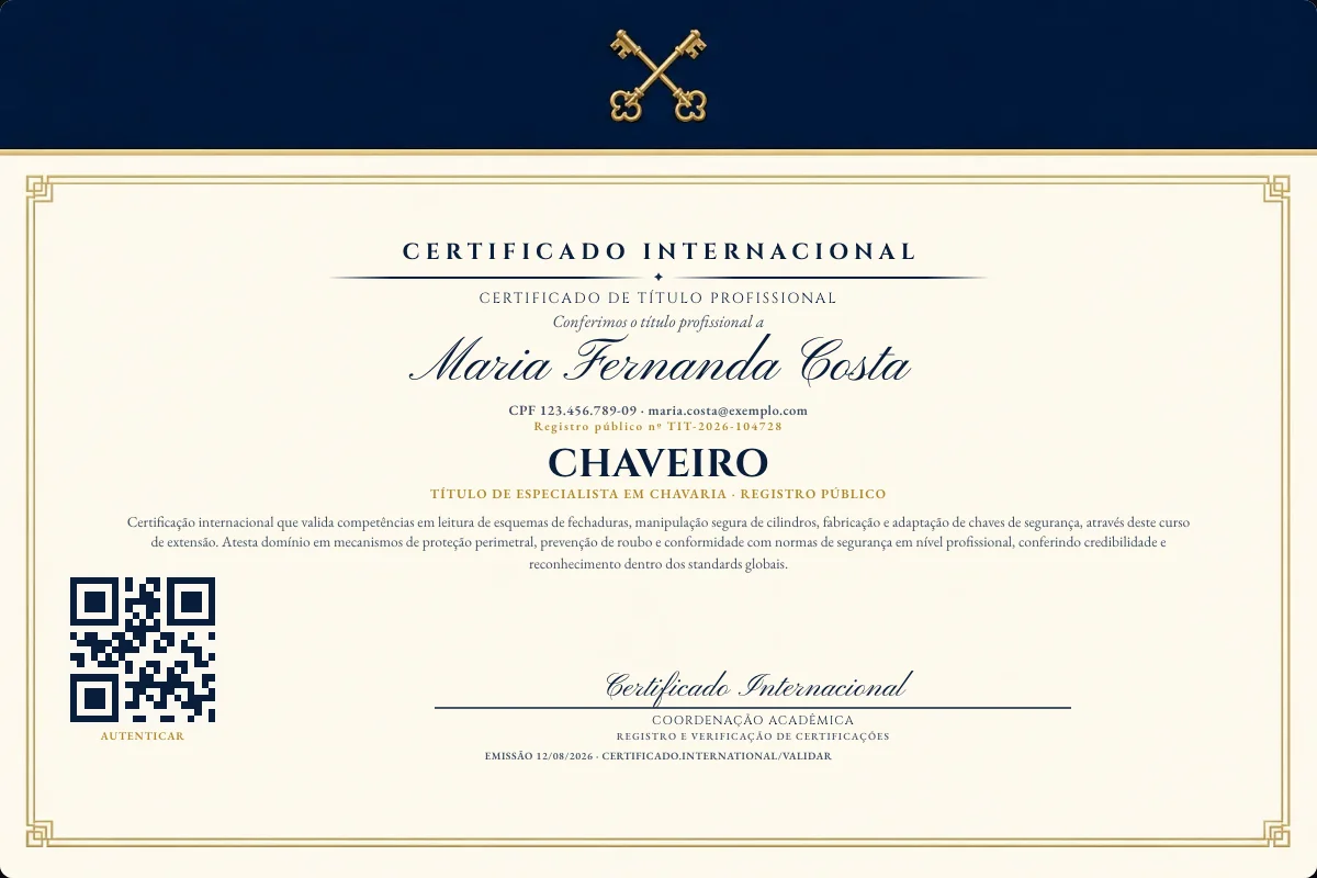 Certificado de Título profissional de Chaveiro — modelo real com registro público. Documento de exemplo.