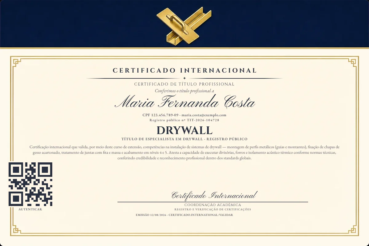 Certificado de Título profissional de Drywall — modelo real com registro público. Documento de exemplo.