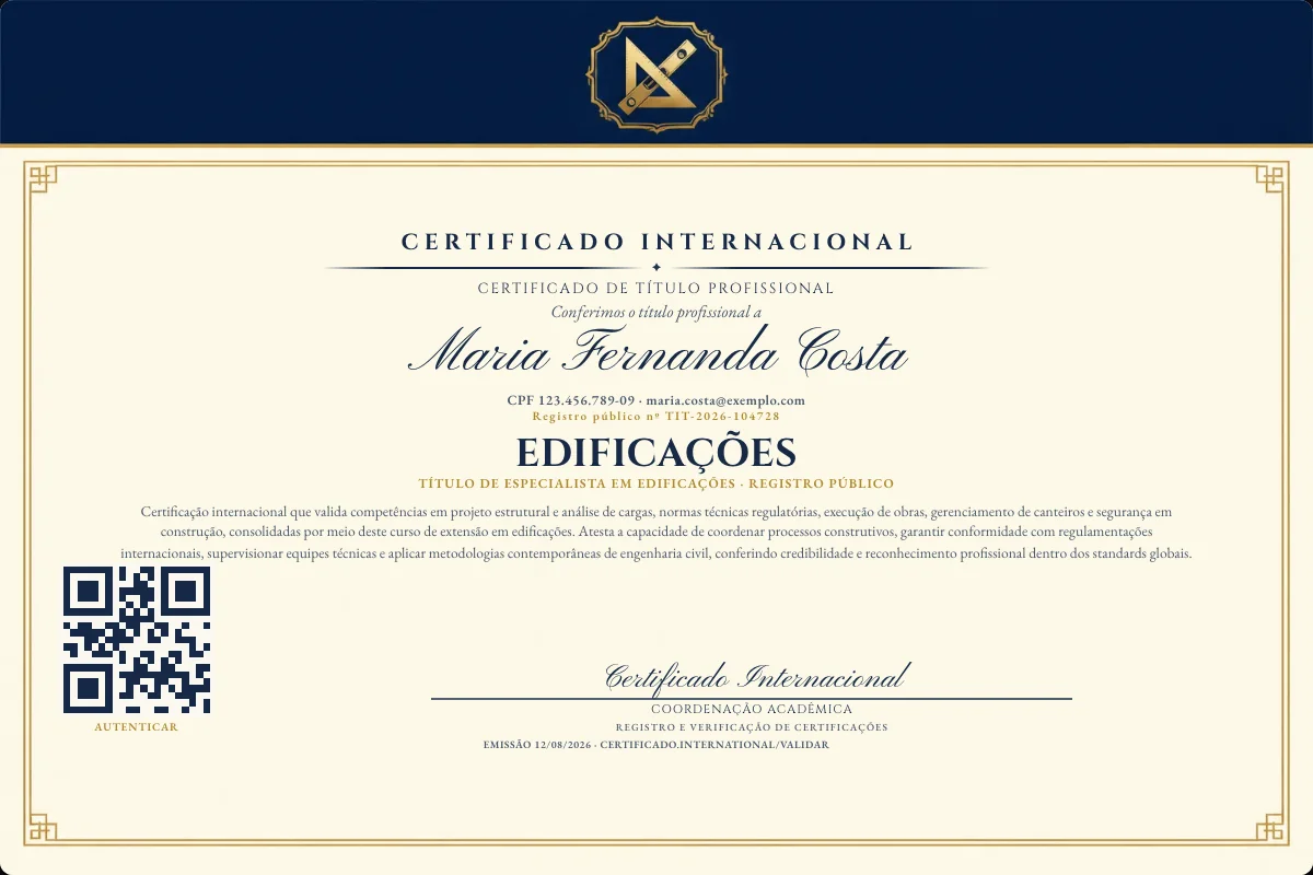 Certificado de Título profissional de Edificações — modelo real com registro público. Documento de exemplo.