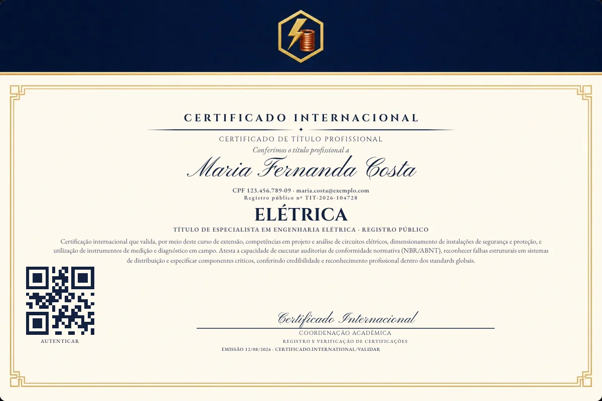 Certificado de Título profissional de Elétrica — modelo real com registro público. Documento de exemplo.