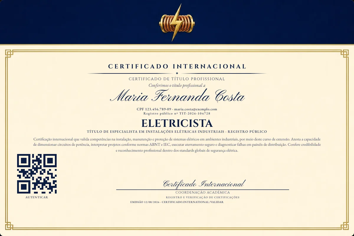 Certificado de Título profissional de Eletricista — modelo real com registro público. Documento de exemplo.
