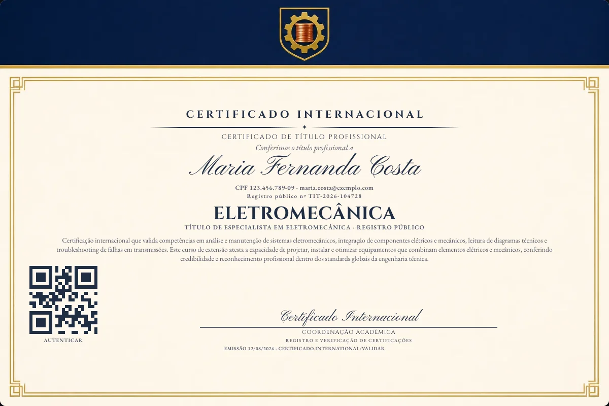 Certificado de Título profissional de Eletromecânica — modelo real com registro público. Documento de exemplo.