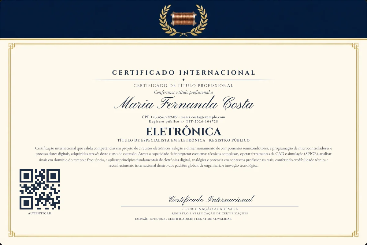 Certificado de Título profissional de Eletrônica — modelo real com registro público. Documento de exemplo.