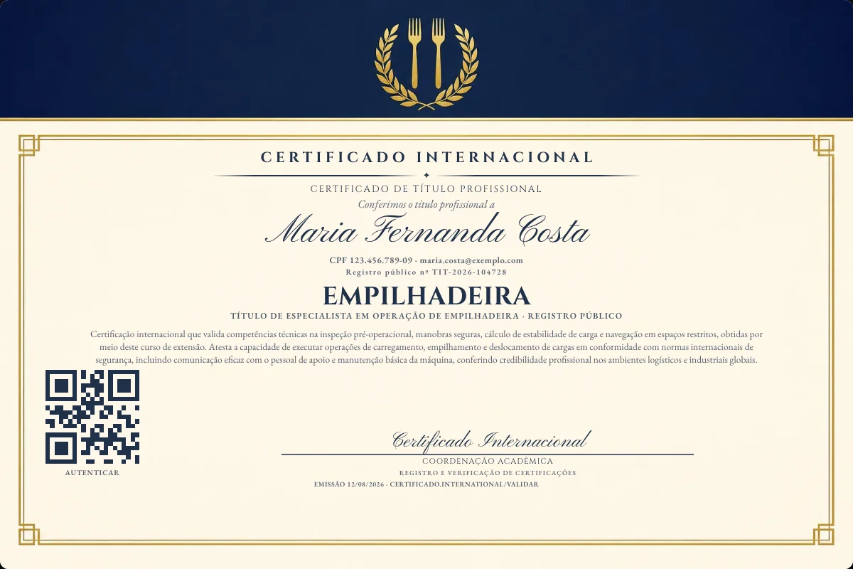 Certificado de Título profissional de Empilhadeira — modelo real com registro público. Documento de exemplo.