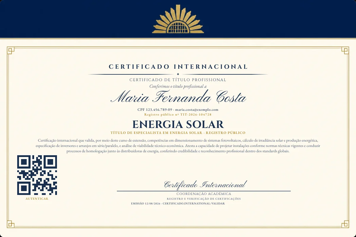 Certificado de Título profissional de Energia Solar — modelo real com registro público. Documento de exemplo.