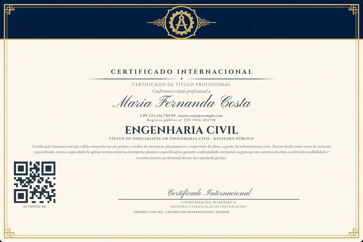 Certificado de Título profissional de Engenharia Civil — modelo real com registro público. Documento de exemplo.