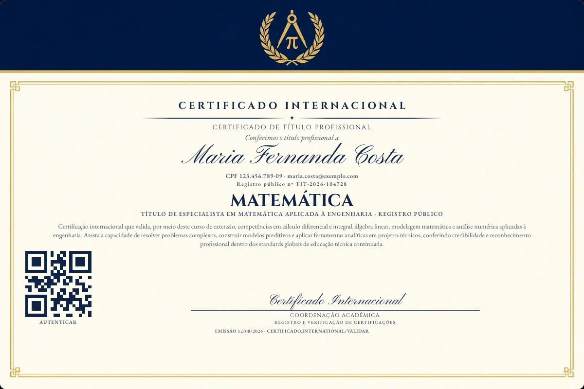 Certificado de Título profissional de Matemática — modelo real com registro público. Documento de exemplo.