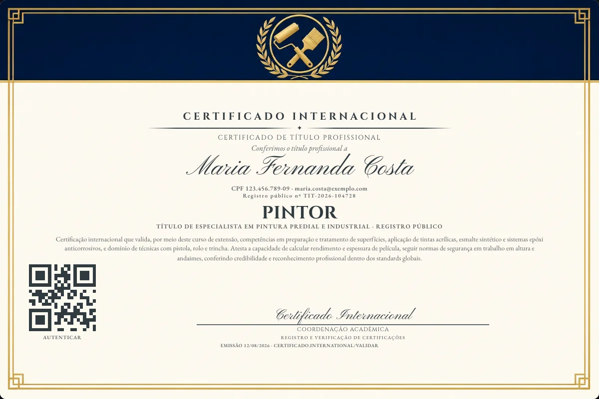 Certificado de Título profissional de Pintor — modelo real com registro público. Documento de exemplo.
