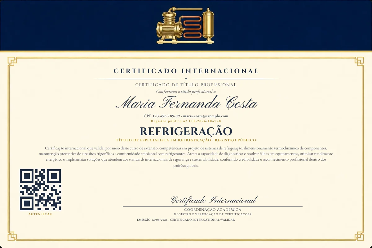Certificado de Título profissional de Refrigeração — modelo real com registro público. Documento de exemplo.