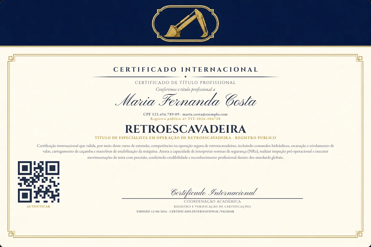 Certificado de Título profissional de Retroescavadeira — modelo real com registro público. Documento de exemplo.