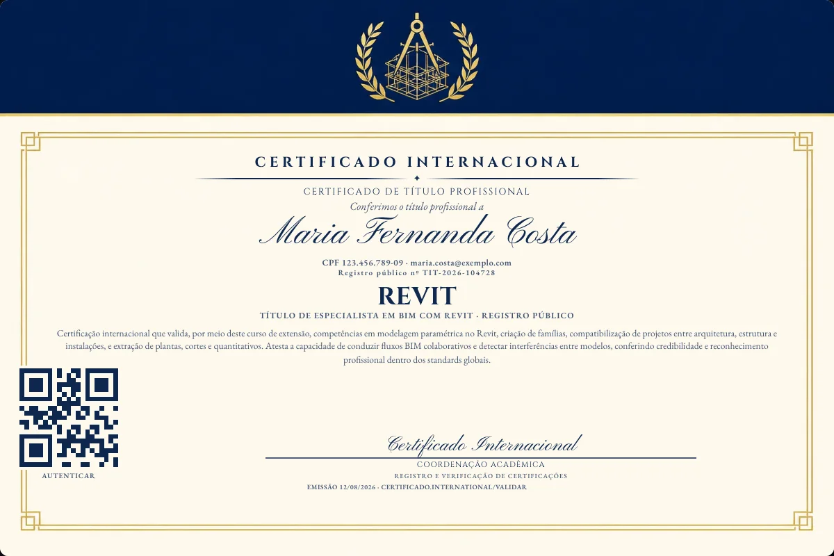 Certificado de Título profissional de Revit — modelo real com registro público. Documento de exemplo.