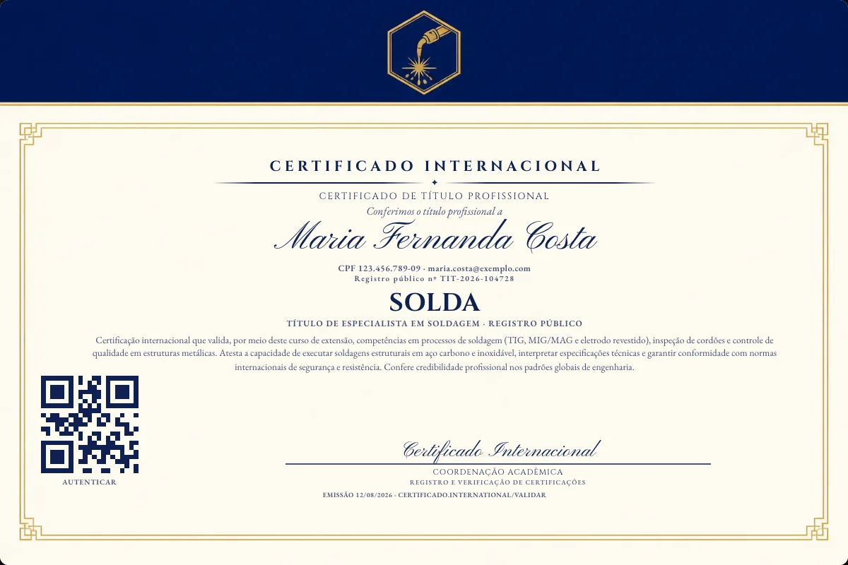 Certificado de Título profissional de Solda — modelo real com registro público. Documento de exemplo.