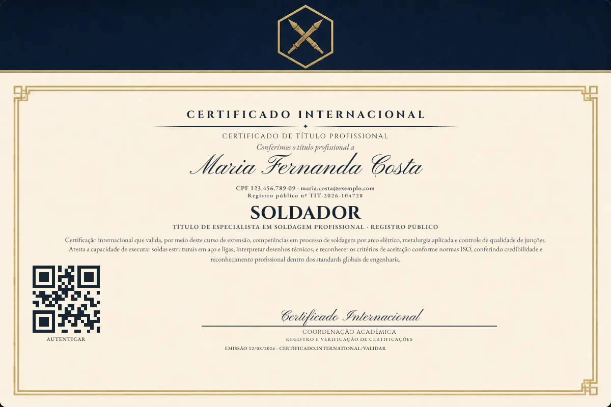 Certificado de Título profissional de Soldador — modelo real com registro público. Documento de exemplo.