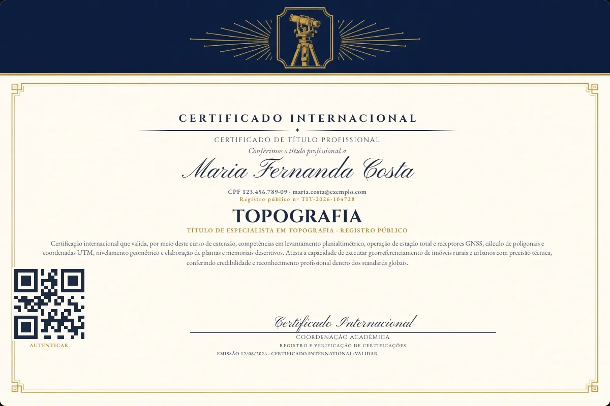 Certificado de Título profissional de Topografia — modelo real com registro público. Documento de exemplo.