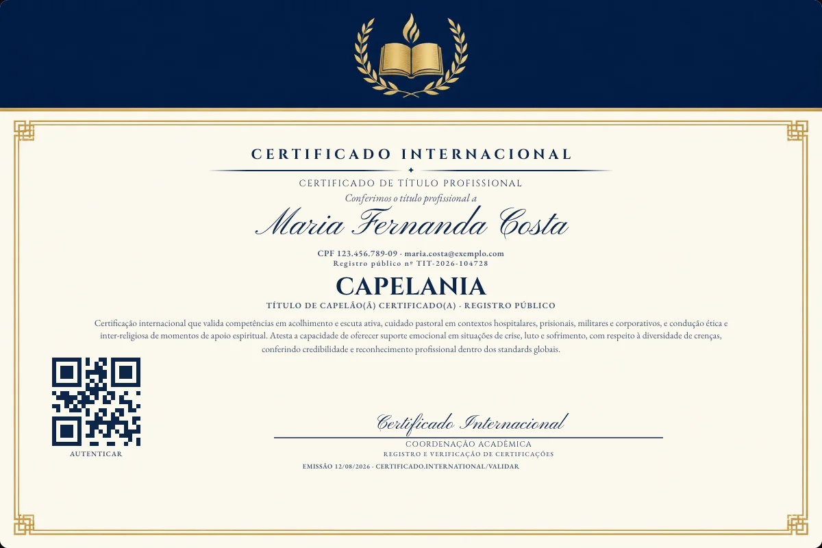 Certificado de Título profissional de Capelania — modelo real com registro público. Documento de exemplo.
