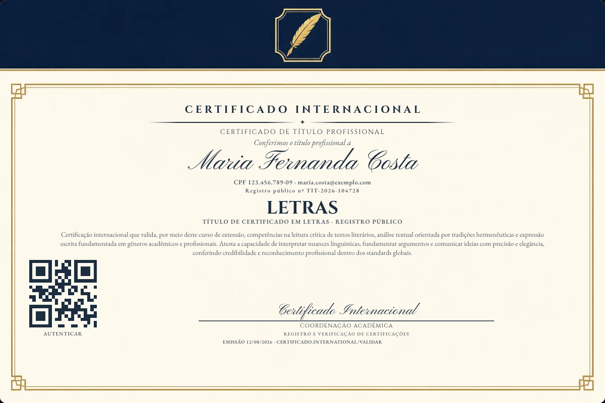 Certificado de Título profissional de Letras — modelo real com registro público. Documento de exemplo.