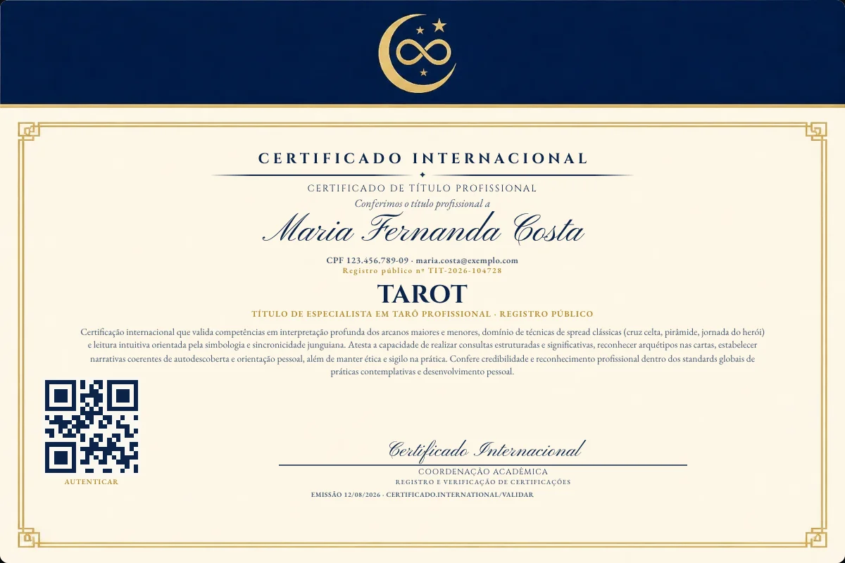 Certificado de Título profissional de Tarot — modelo real com registro público. Documento de exemplo.
