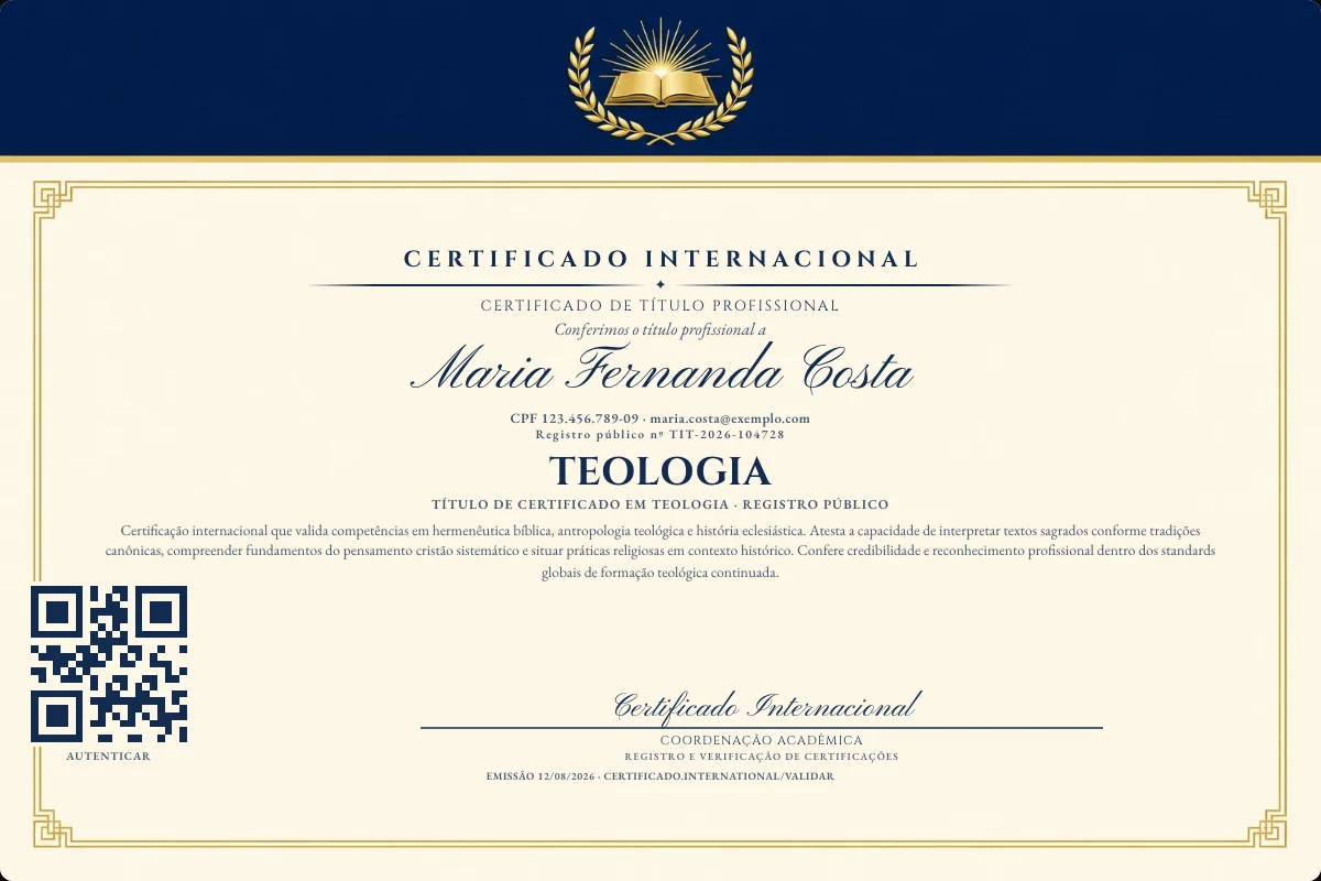 Certificado de Título profissional de Teologia — modelo real com registro público. Documento de exemplo.
