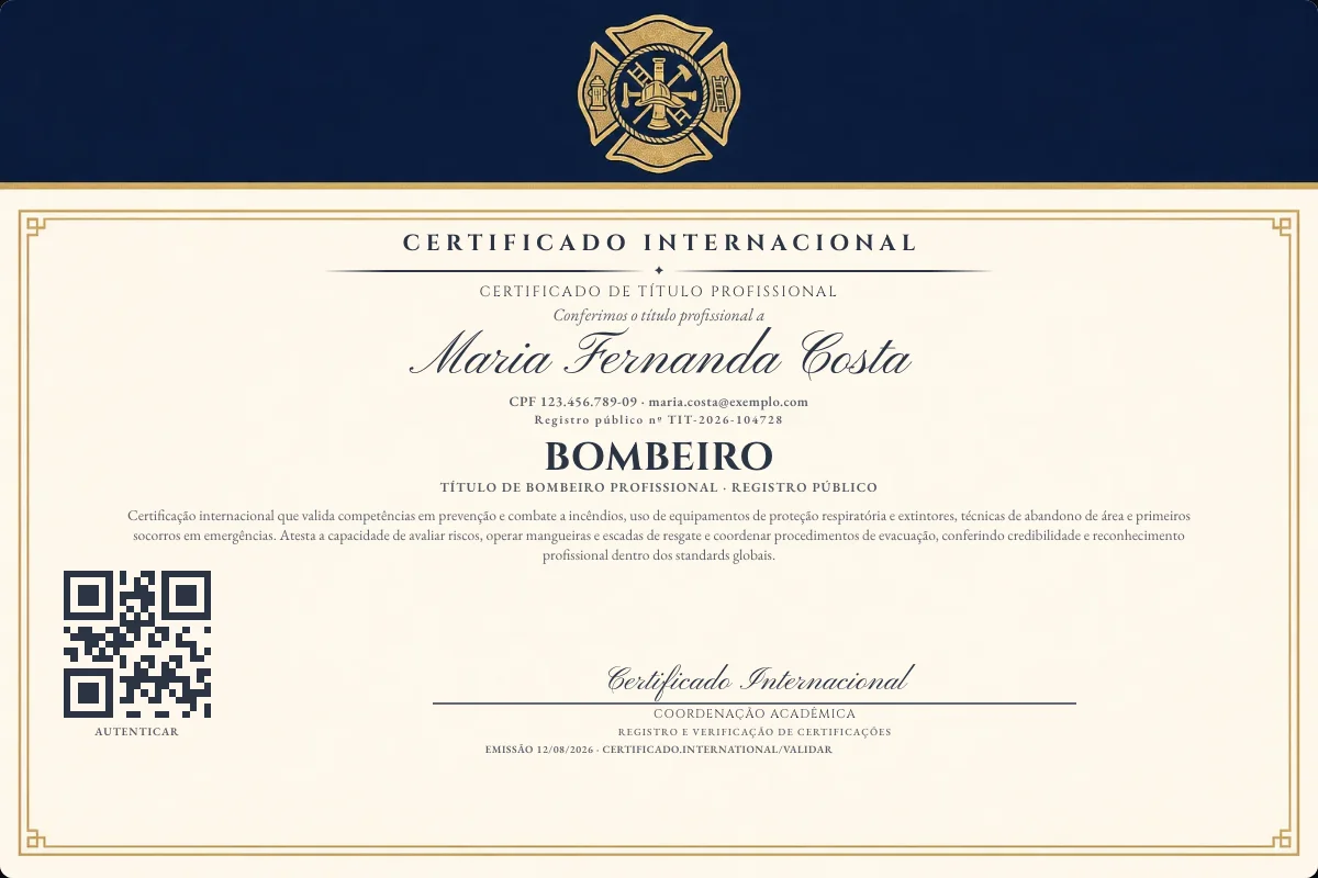 Certificado de Título profissional de Bombeiro — modelo real com registro público. Documento de exemplo.