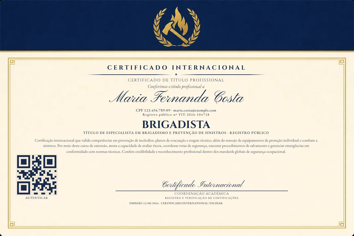 Certificado de Título profissional de Brigadista — modelo real com registro público. Documento de exemplo.
