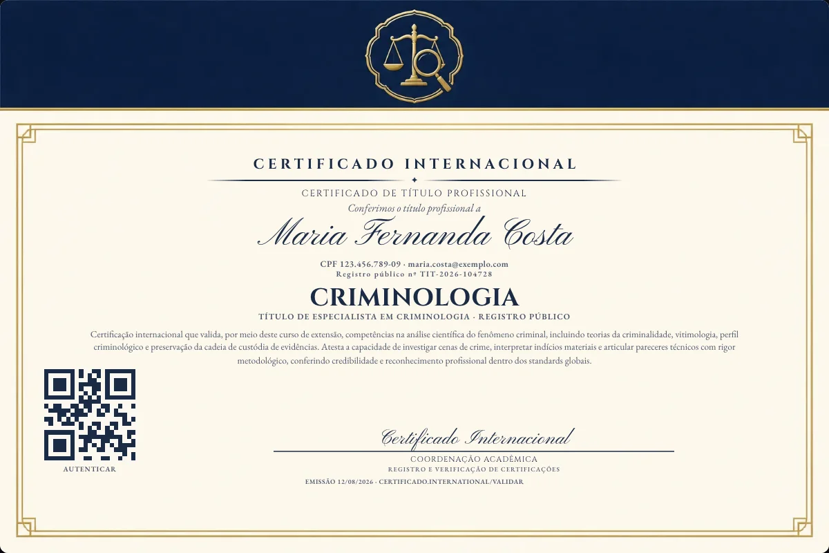 Certificado de Título profissional de Criminologia — modelo real com registro público. Documento de exemplo.