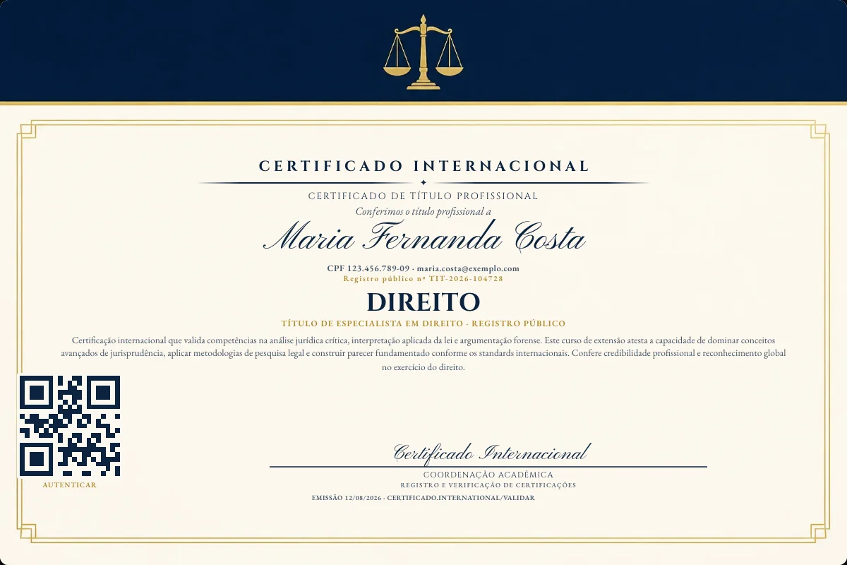 Certificado de Título profissional de Direito — modelo real com registro público. Documento de exemplo.