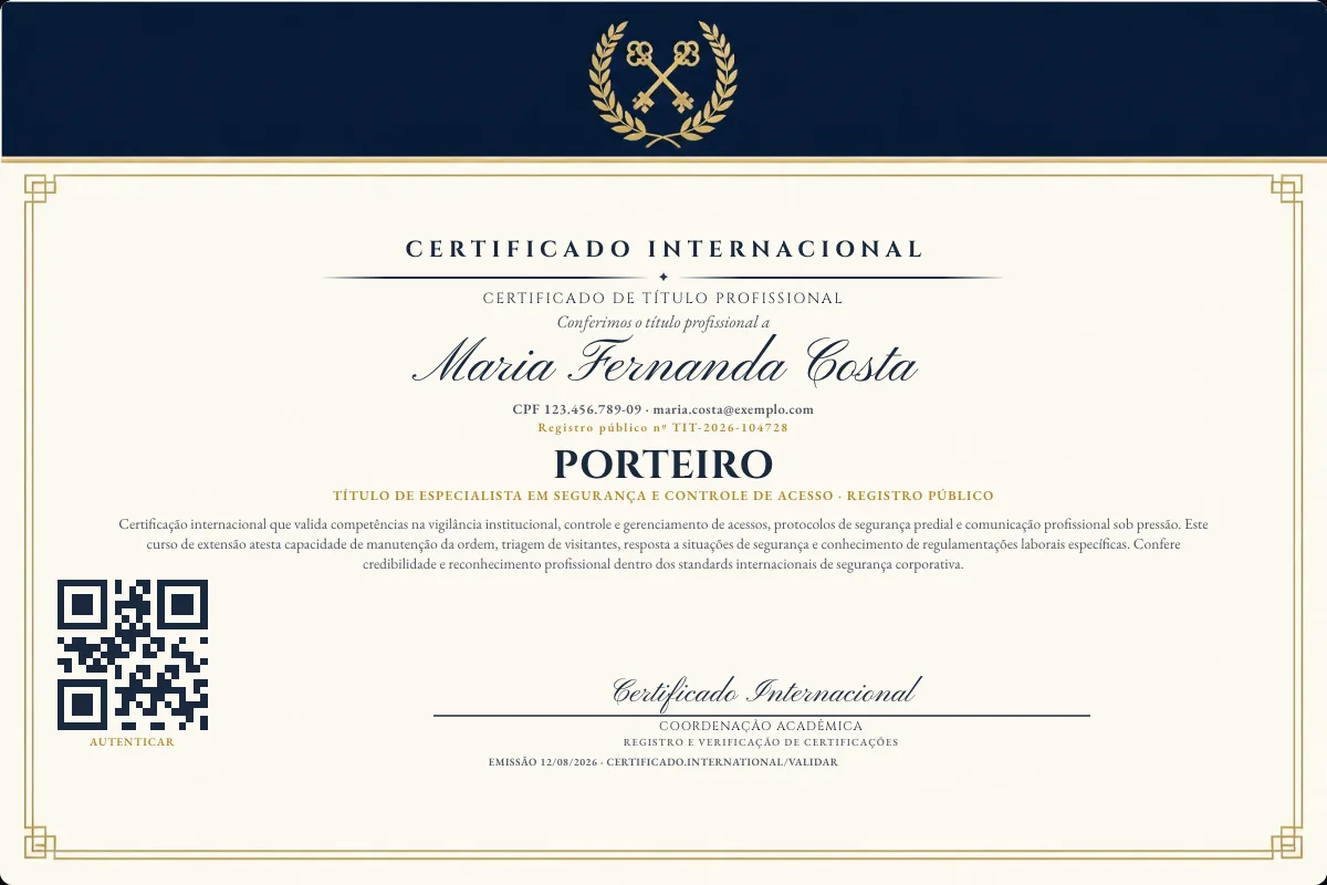 Certificado de Título profissional de Porteiro — modelo real com registro público. Documento de exemplo.