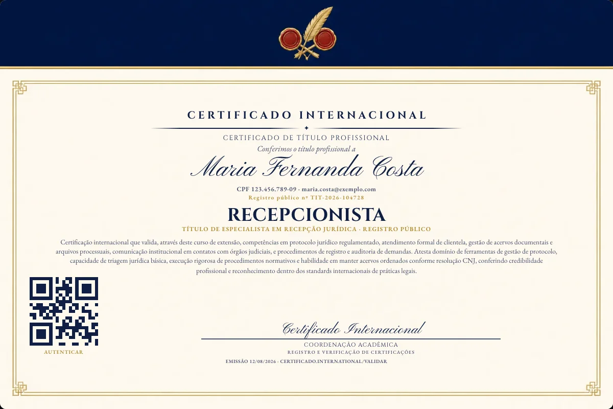 Certificado de Título profissional de Recepcionista — modelo real com registro público. Documento de exemplo.