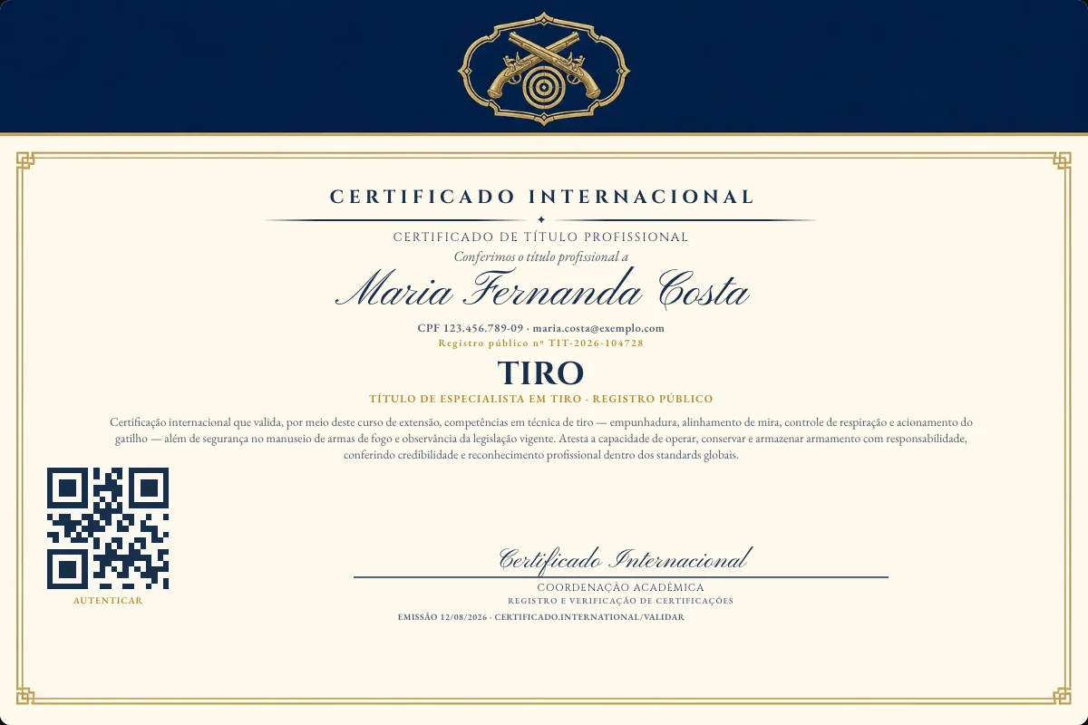 Certificado de Título profissional de Tiro — modelo real com registro público. Documento de exemplo.