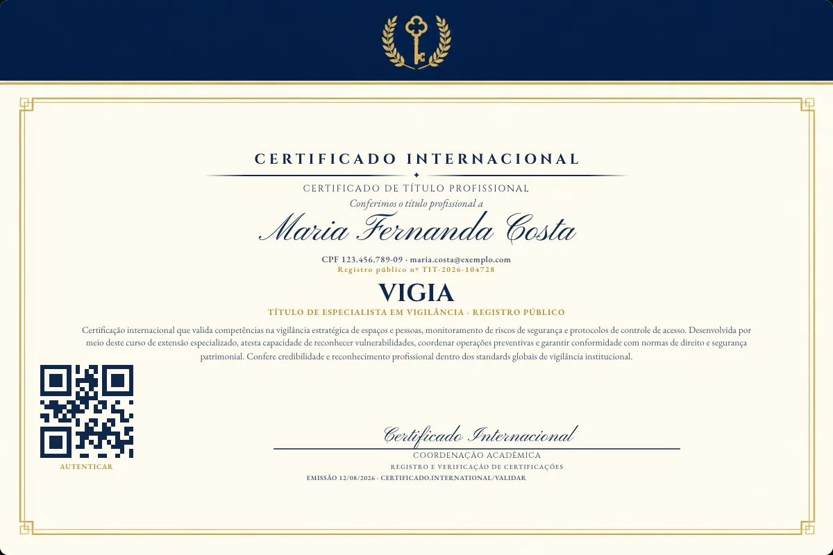 Certificado de Título profissional de Vigia — modelo real com registro público. Documento de exemplo.