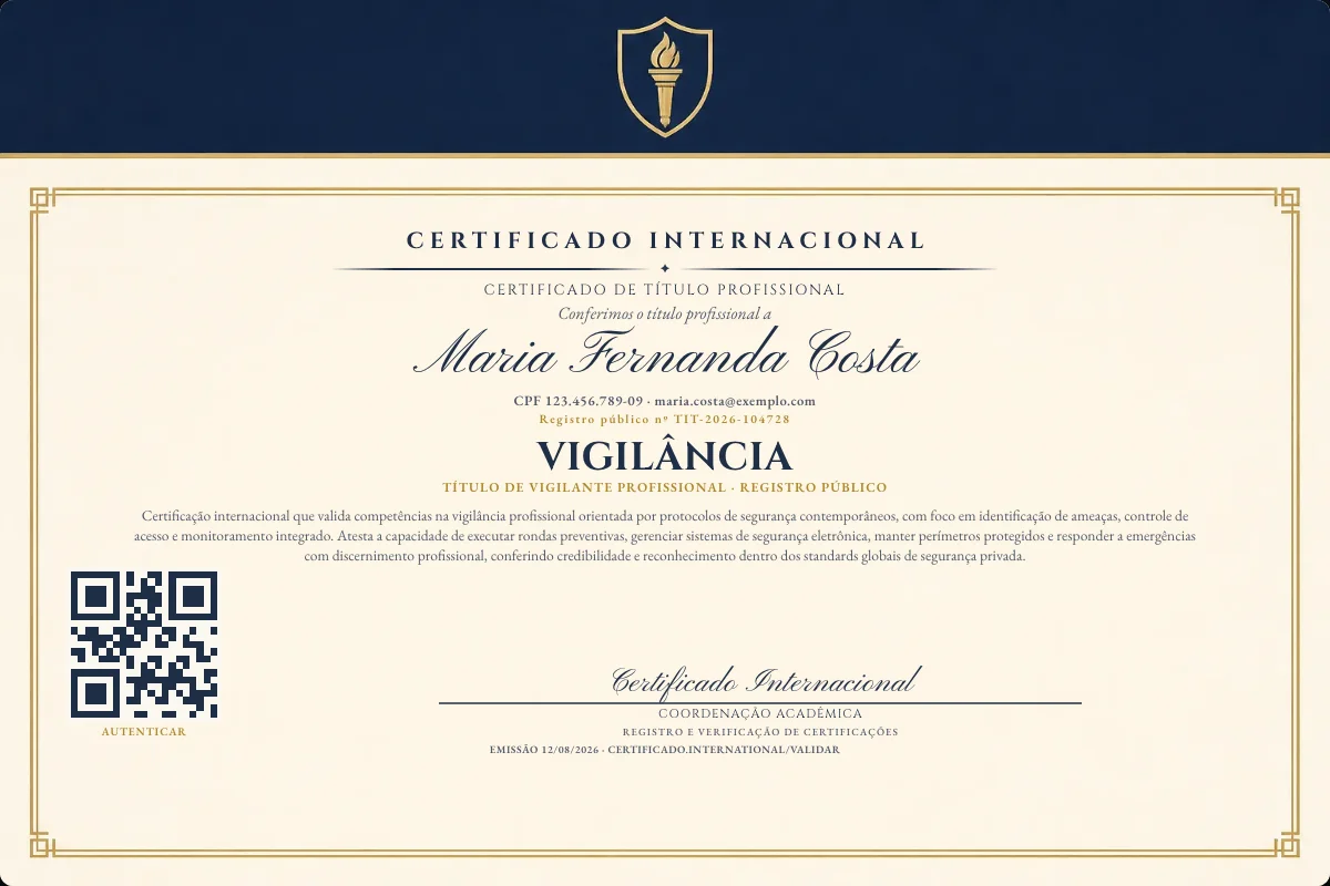 Certificado de Título profissional de Vigilância — modelo real com registro público. Documento de exemplo.
