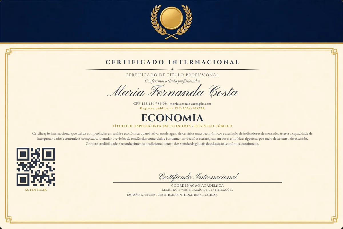 Certificado de Título profissional de Economia — modelo real com registro público. Documento de exemplo.