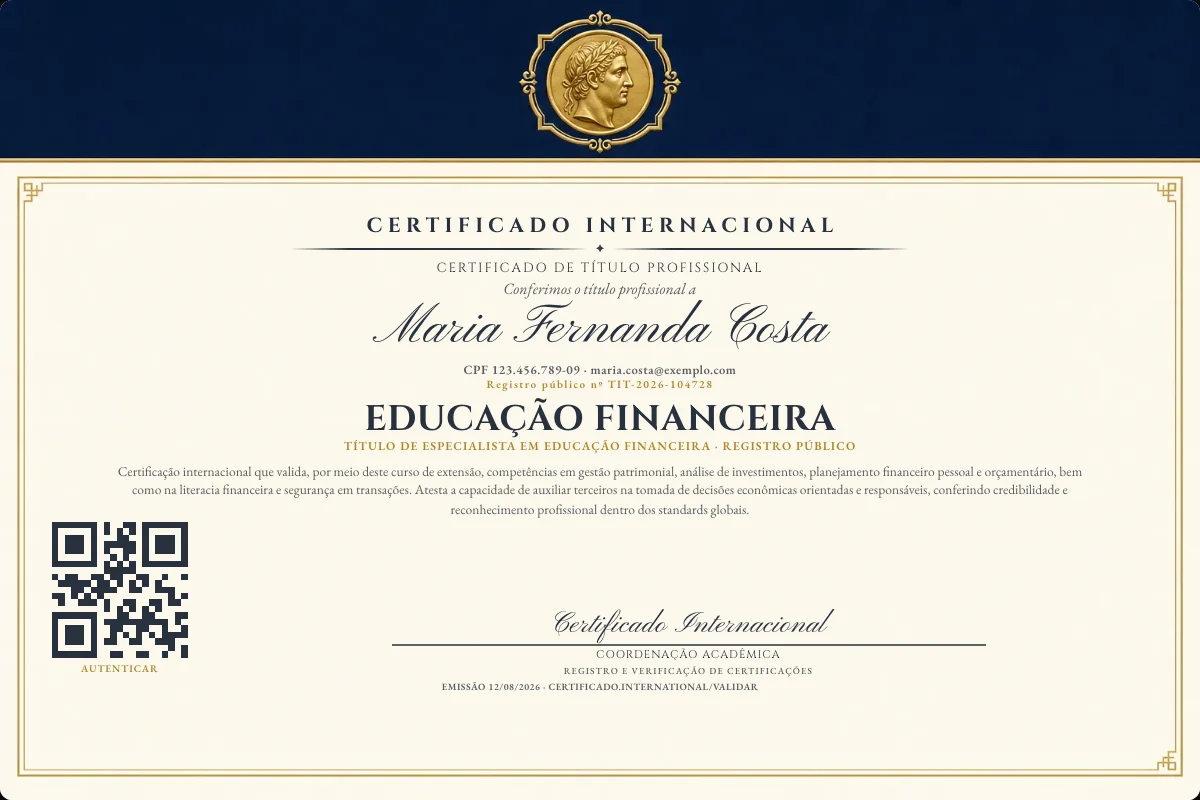 Certificado de Título profissional de Educação Financeira — modelo real com registro público. Documento de exemplo.