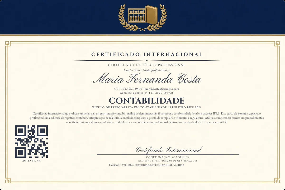 Certificado de Título profissional de Contabilidade — modelo real com registro público. Documento de exemplo.