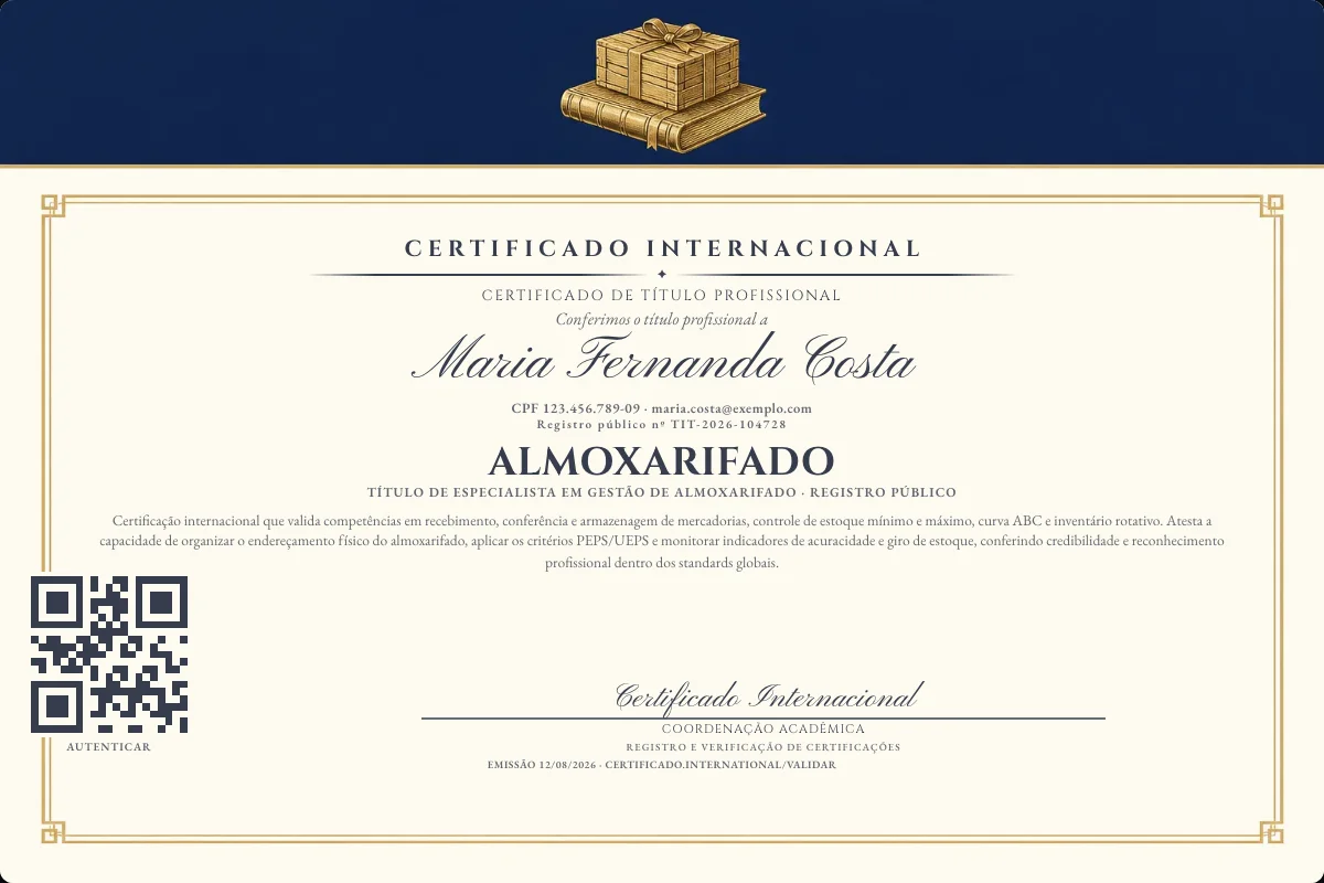 Certificado de Título profissional de Almoxarifado — modelo real com registro público. Documento de exemplo.
