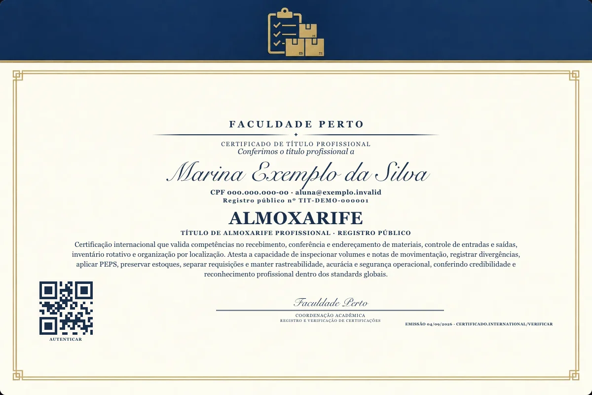 Certificado de Título profissional de Almoxarife — modelo real com registro público. Documento de exemplo.