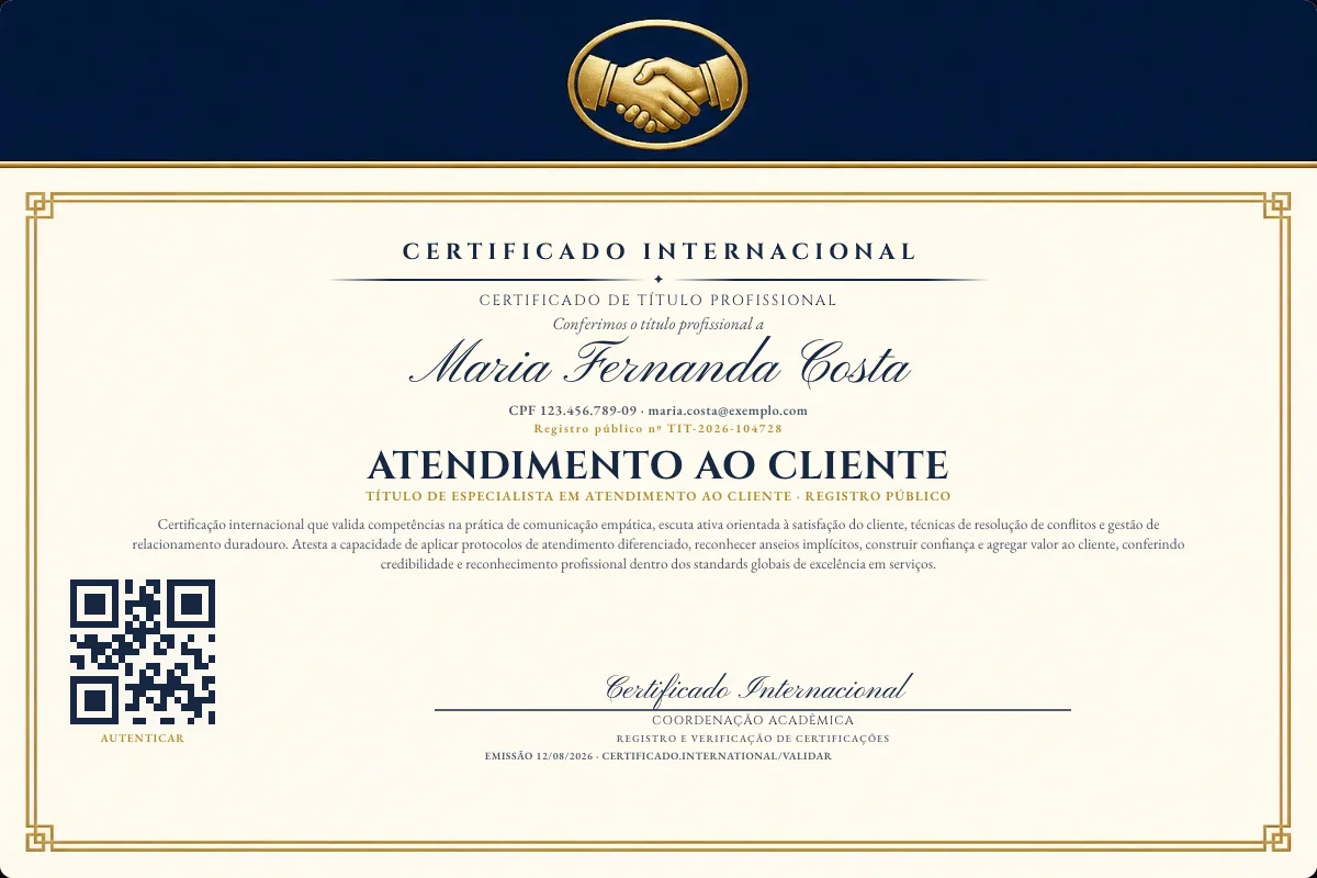 Certificado de Título profissional de Atendimento ao Cliente — modelo real com registro público. Documento de exemplo.
