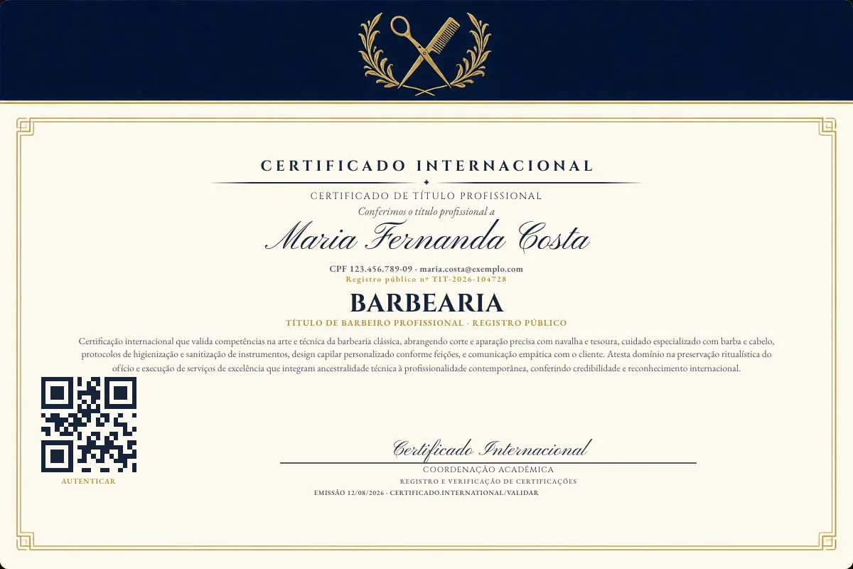 Certificado de Título profissional de Barbearia — modelo real com registro público. Documento de exemplo.