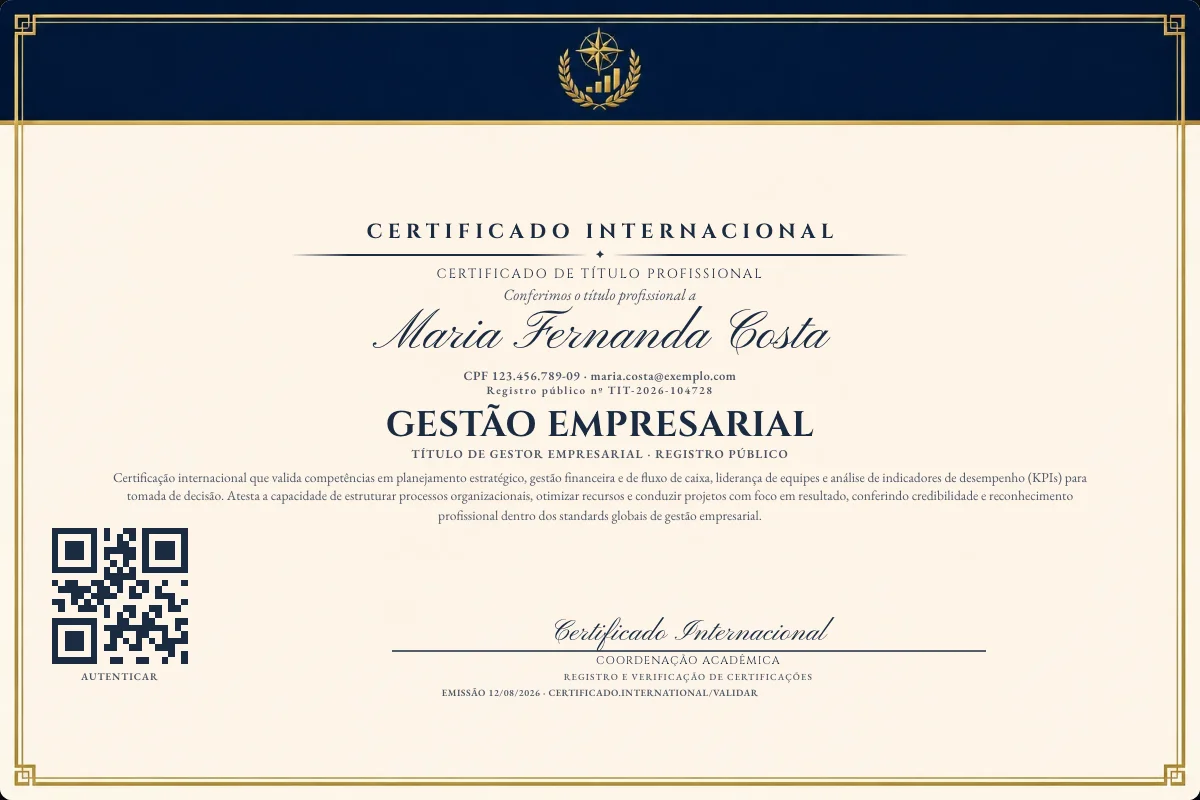 Certificado de Título profissional de Gestão Empresarial — modelo real com registro público. Documento de exemplo.