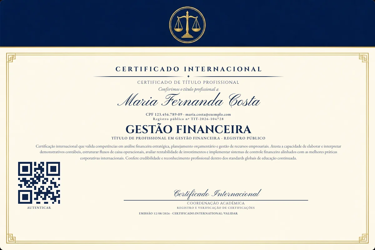 Certificado de Título profissional de Gestão Financeira — modelo real com registro público. Documento de exemplo.